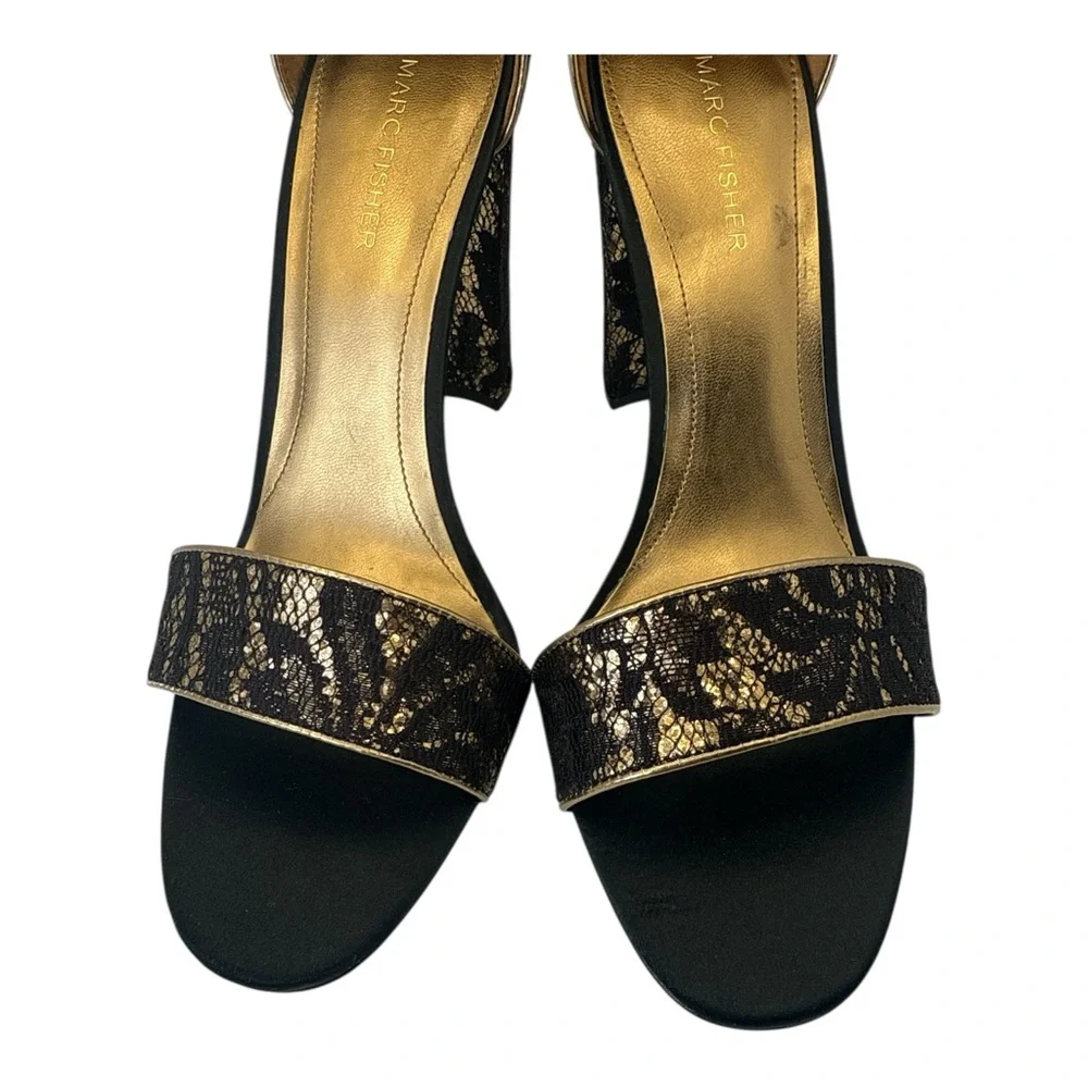 Marc Fisher Womens Black & Gold Lace Block Heel Ankle Strap Sandals Open Toe 10M